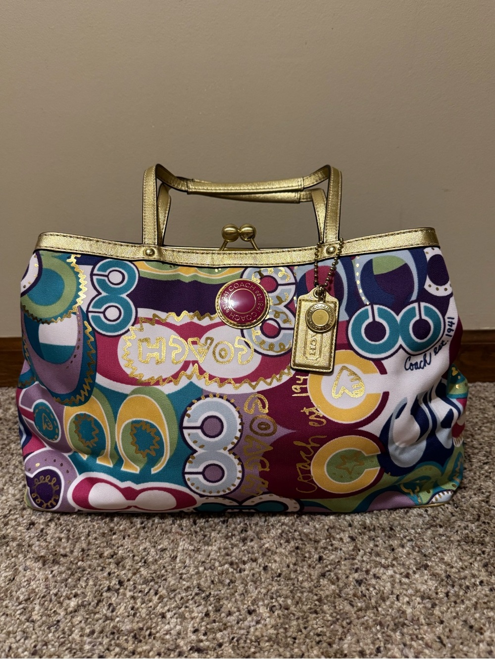 NWT Coach Multicolor Print Tote with Gold Trim